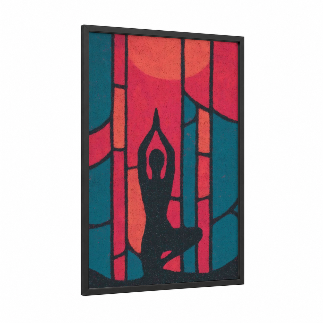 Sunset Yoga Pose framed fitness yoga print — black wood frame — red and teal palette