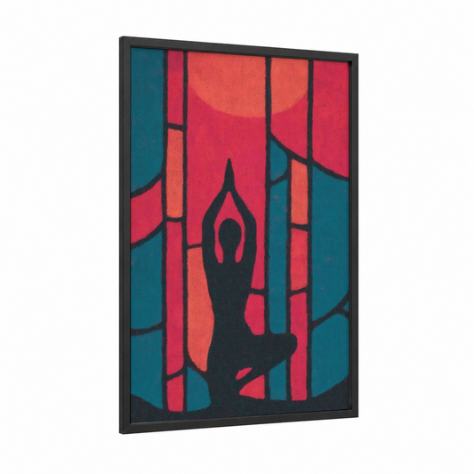 Sunset Yoga Pose framed fitness yoga print — black wood frame — red and teal palette