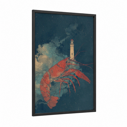 Lighthouse Lobster framed art print — black wood frame — dark blue and red palette