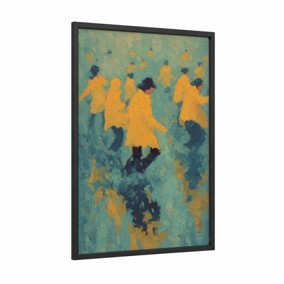 Dancing Joy framed zumba print — black wood frame — yellow gold and teal palette