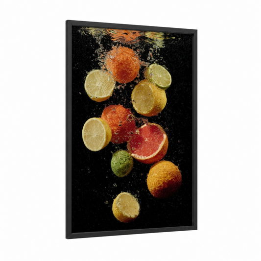 Citrus Splash framed fruit print — black wood frame — gold and orange palette