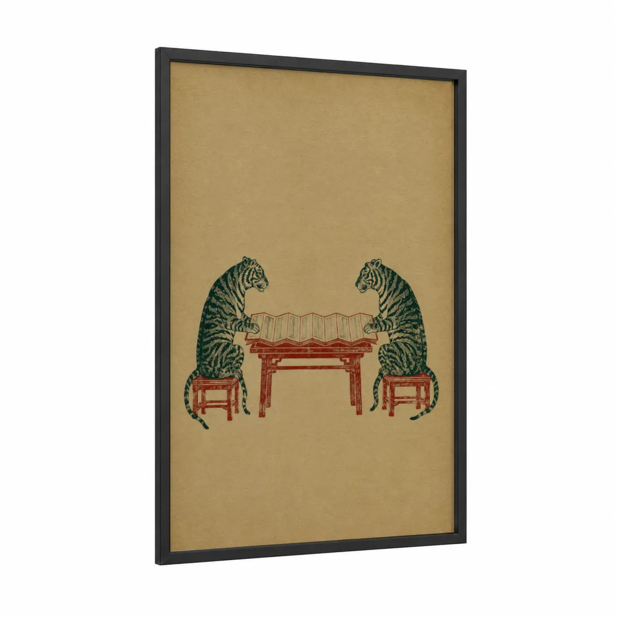 Japanese Tigers Game Wall Art framed art print — black wood frame — beige and red palette