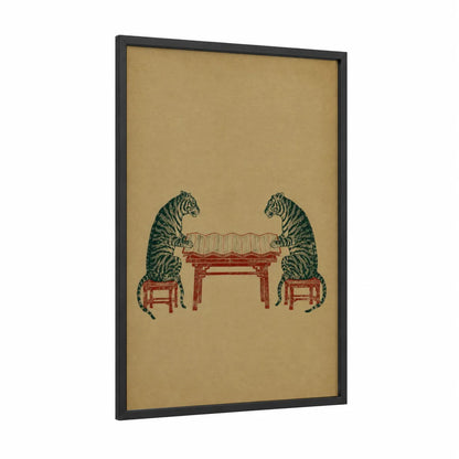 Japanese Tigers Game Wall Art framed art print — black wood frame — beige and red palette