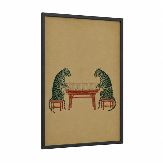 Japanese Tigers Game Wall Art framed art print — black wood frame — beige and red palette