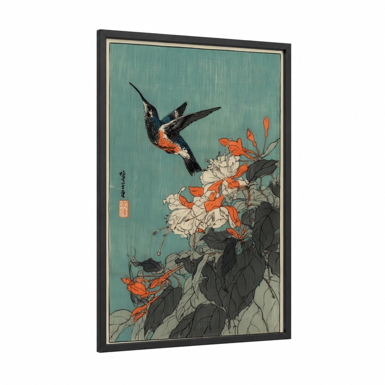 Hummingbird Blossoms framed art print — black wood frame — teal and orange palette