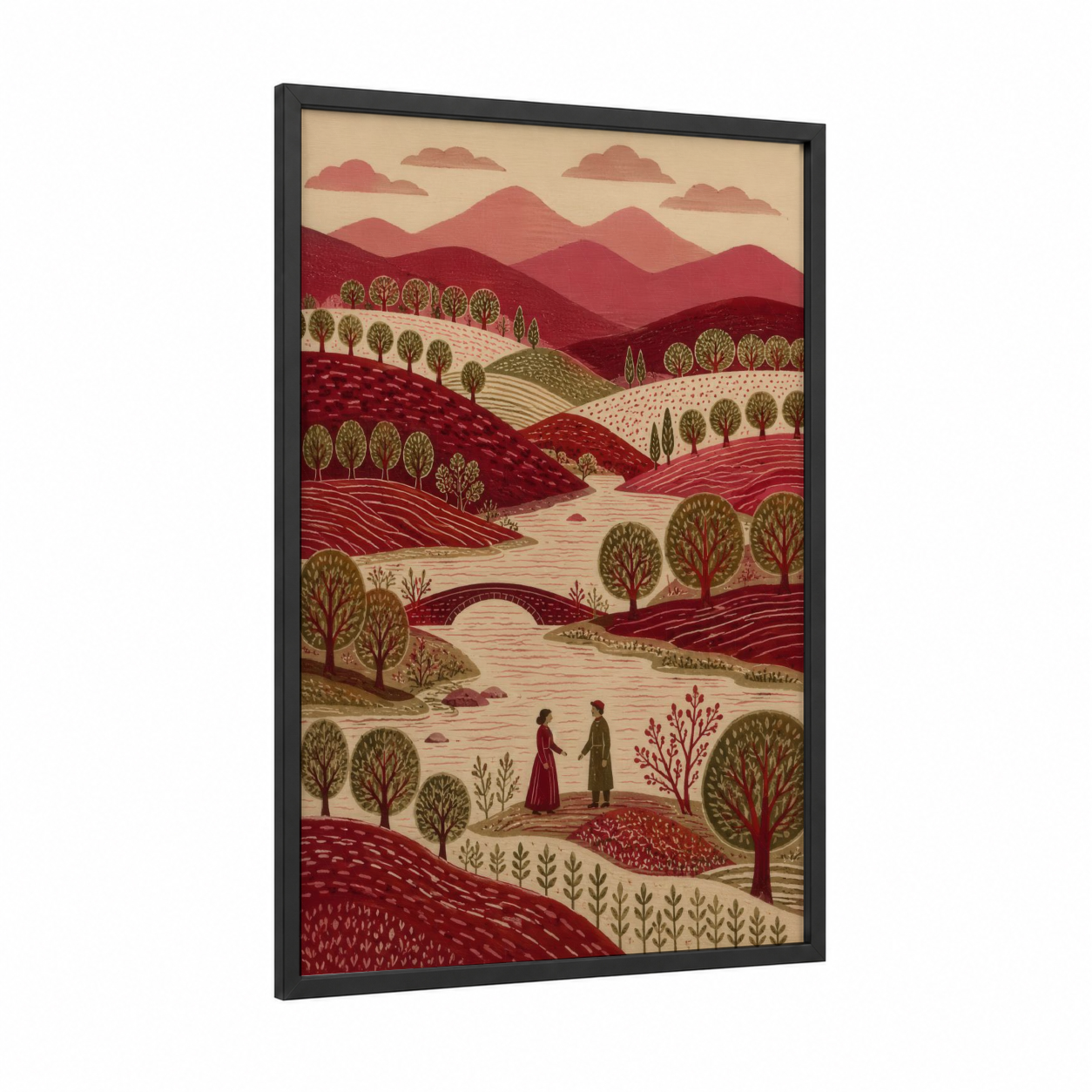 Pastoral Valley Landscape Wall Art framed fields and valleys print — black wood frame — maroon and beige palette