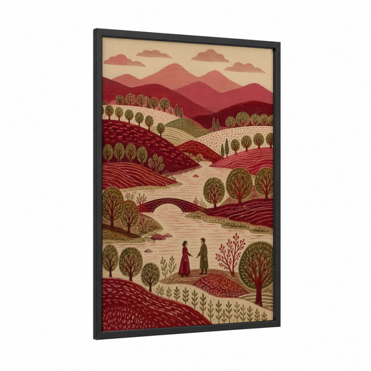 Pastoral Valley Landscape Wall Art framed fields and valleys print — black wood frame — maroon and beige palette