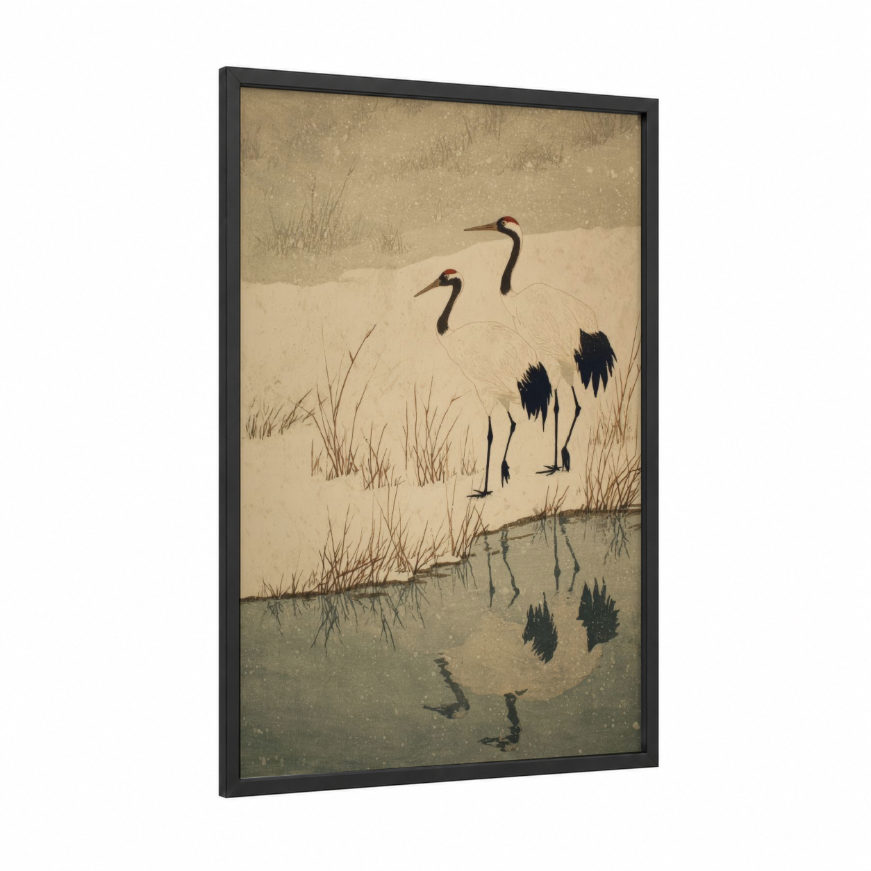 Riverside Cranes framed art print — black wood frame — beige and dove gray palette