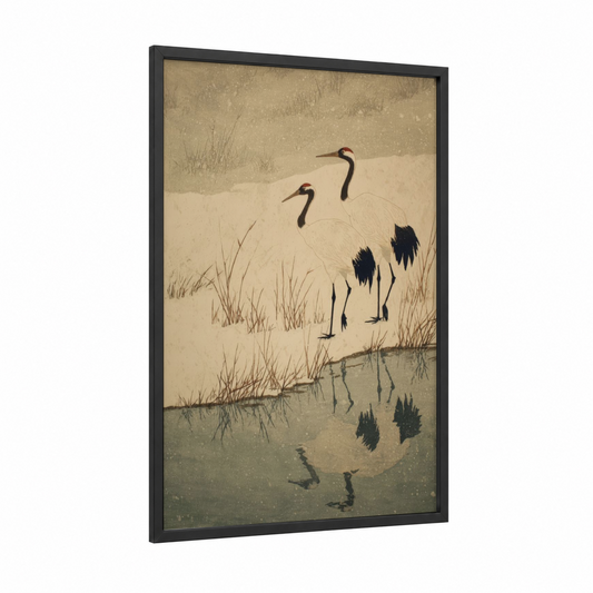 Riverside Cranes framed art print — black wood frame — beige and dove gray palette