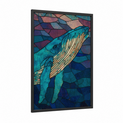 Turquoise Humpback framed humpback whale print — black wood frame — teal and blue palette