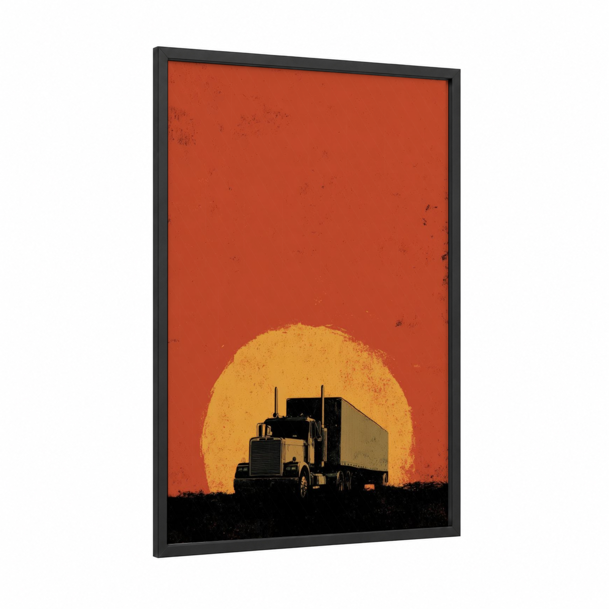 Sunset Truck framed art print — black wood frame — orange and gold palette