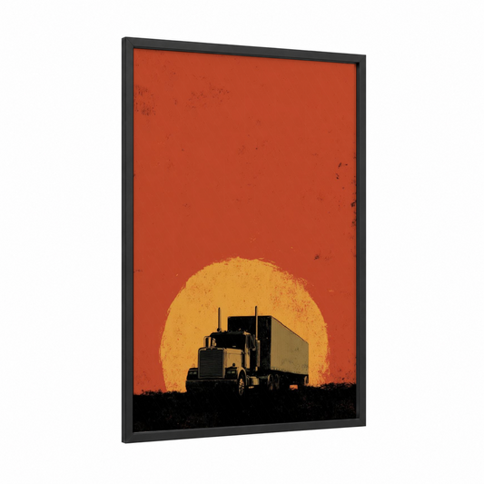 Sunset Truck framed art print — black wood frame — orange and gold palette