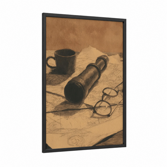 Vintage Spyglass framed art print — black wood frame — brown and gold palette