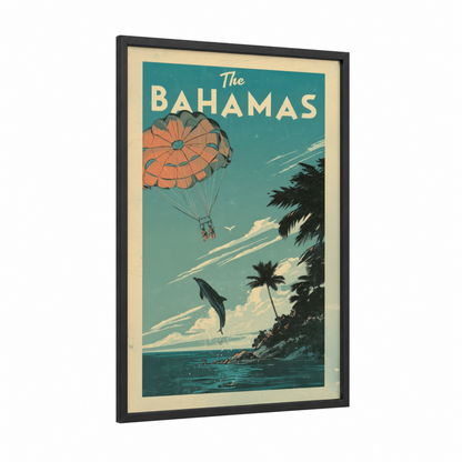 Tropical Parasailing framed art print — black wood frame — teal and orange palette