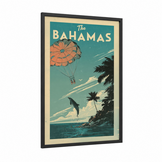 Tropical Parasailing framed art print — black wood frame — teal and orange palette
