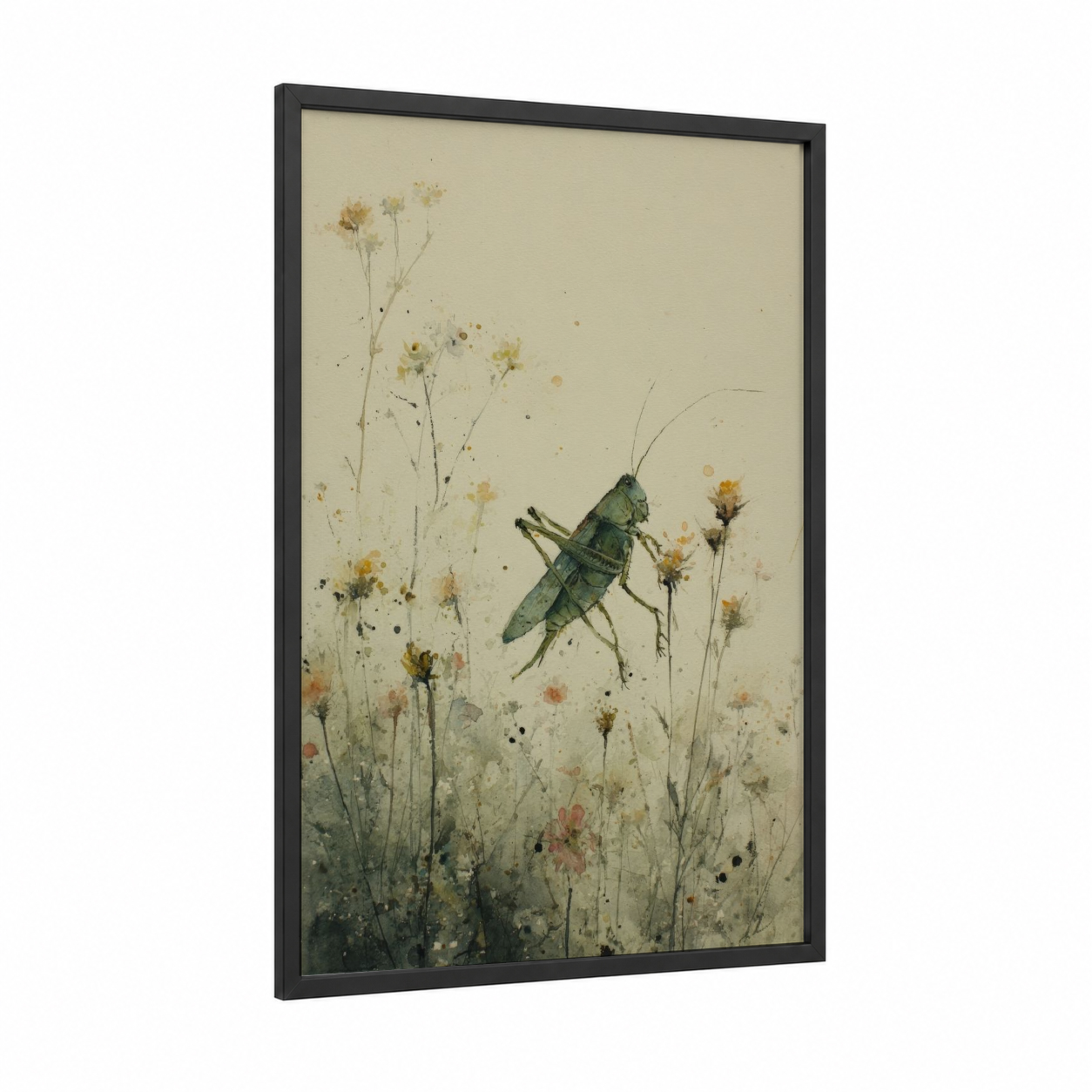 Garden Grasshopper framed art print — black wood frame — cream and sage green palette