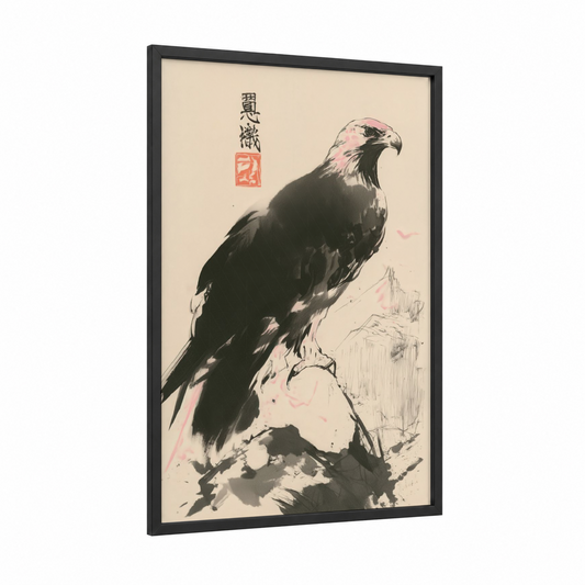 Majestic Eagle framed art print — black wood frame — black and white and peach palette