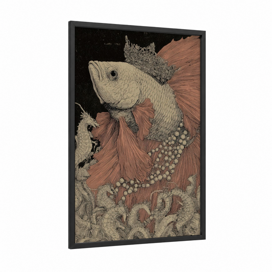 Crowned Betta Glory framed betta fish print — black wood frame — cream and russet palette