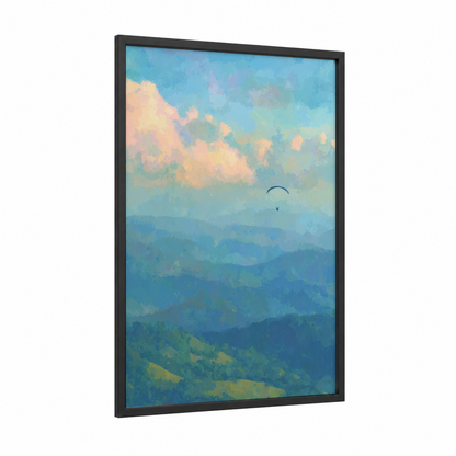 Alpine Paragliding framed art print — black wood frame — blue and gold palette