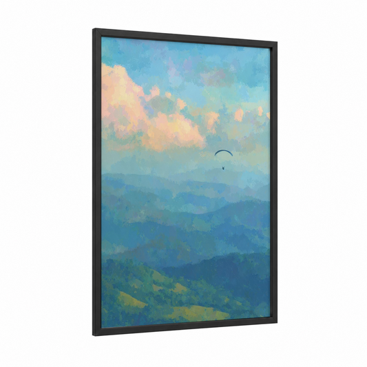 Alpine Paragliding framed art print — black wood frame — blue and gold palette