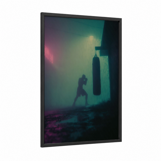 Neon Boxing Silhouette framed art print — black wood frame — teal and magenta palette