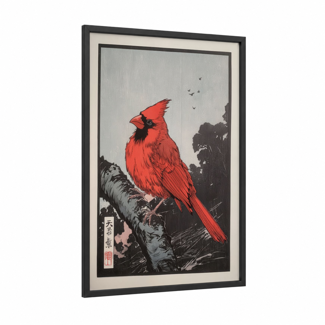 Crimson Cardinal Branch framed art print — black wood frame — red and black and white palette