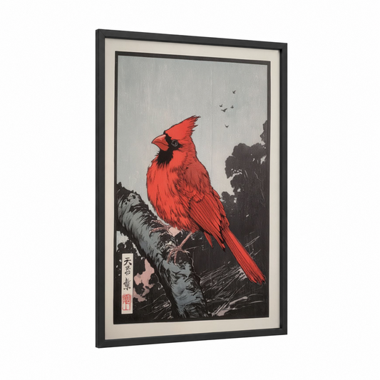 Crimson Cardinal Branch framed art print — black wood frame — red and black and white palette