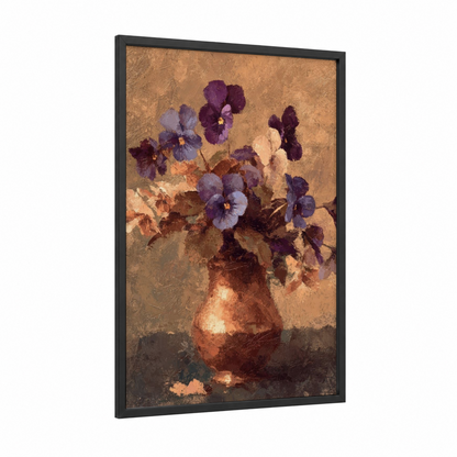 Rustic Violet Bouquet framed violets print — black wood frame — purple and gold palette