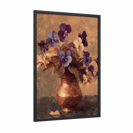 Rustic Violet Bouquet framed violets print — black wood frame — purple and gold palette