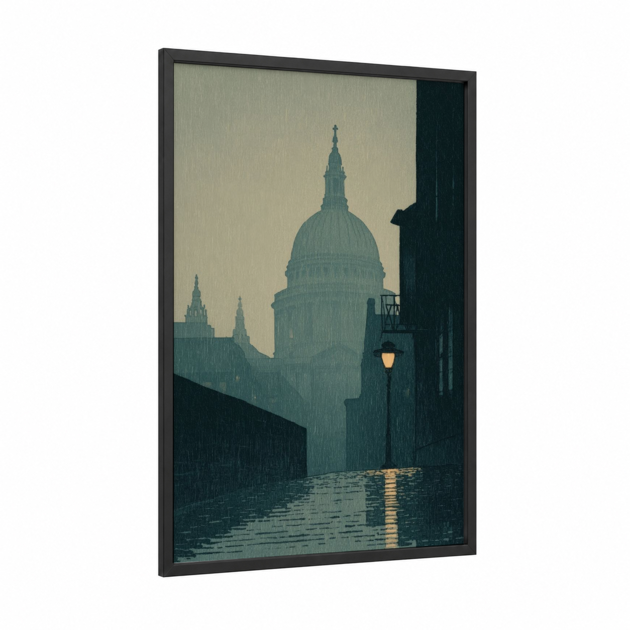 Rainy Cathedral framed saint paul's cathedral print — black wood frame — teal and black and white palette