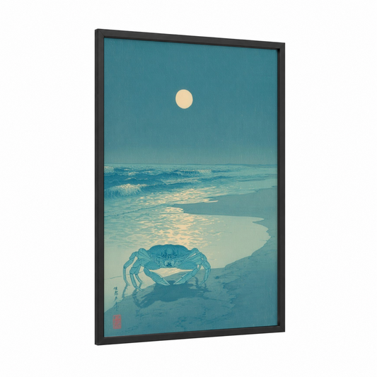 Cancer Crab framed art print — black wood frame — teal and cream palette