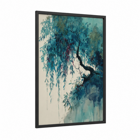 Weeping Willow framed willow tree print — black wood frame — teal and cream palette