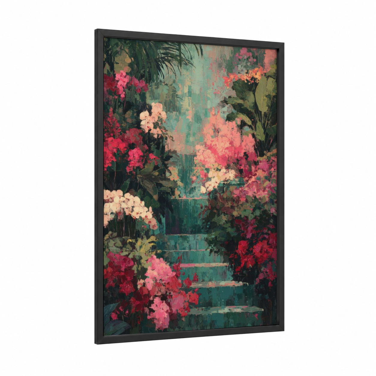 Floral Staircase framed art print — black wood frame — teal and pink palette