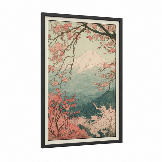 Cherry Blossom Fuji framed mount fuji print — black wood frame — salmon pink and sage green palette
