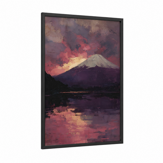 Crimson Mount Fuji framed art print — black wood frame — red and gold palette