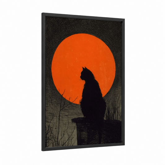 Silhouette Sunset Cat framed art print — black wood frame — orange and black palette