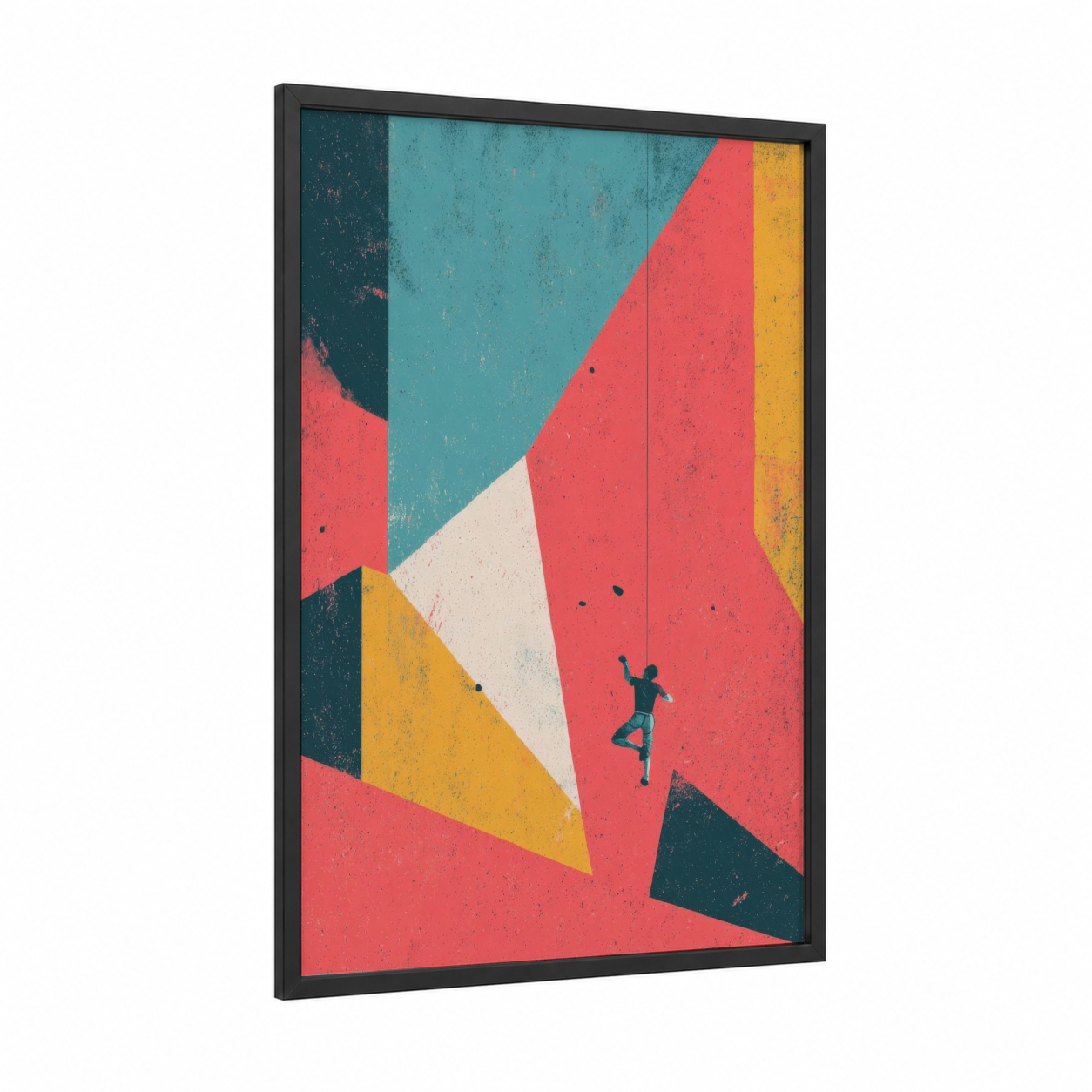 Geometric Climber framed rock climbing print — black wood frame — teal and red palette