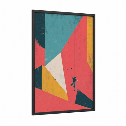 Geometric Climber framed rock climbing print — black wood frame — teal and red palette