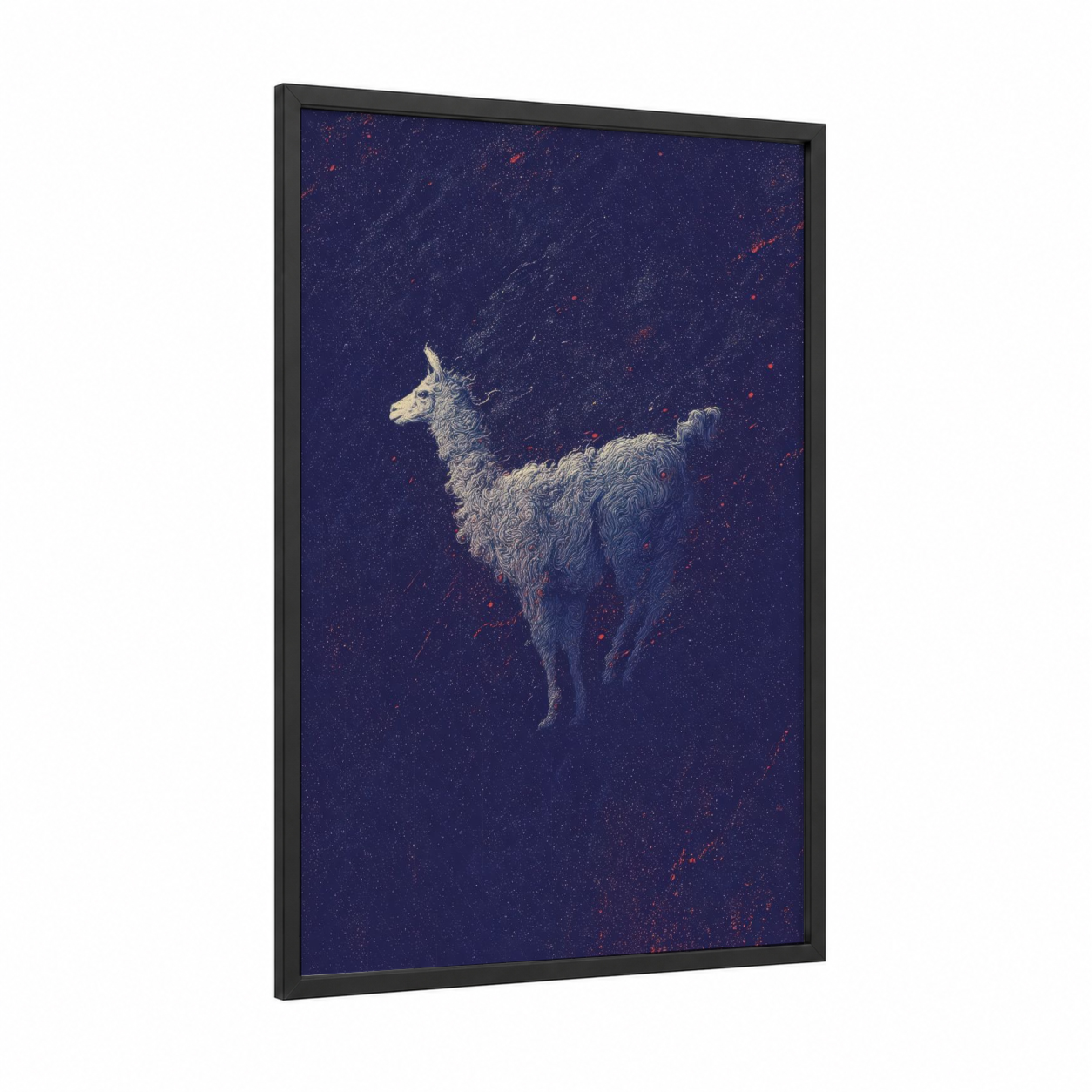 Celestial Llama framed art print — black wood frame — dark blue and white palette