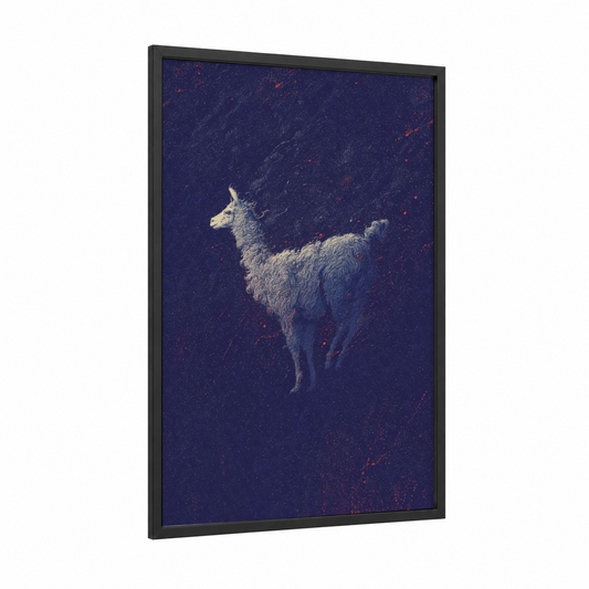 Celestial Llama framed art print — black wood frame — dark blue and white palette