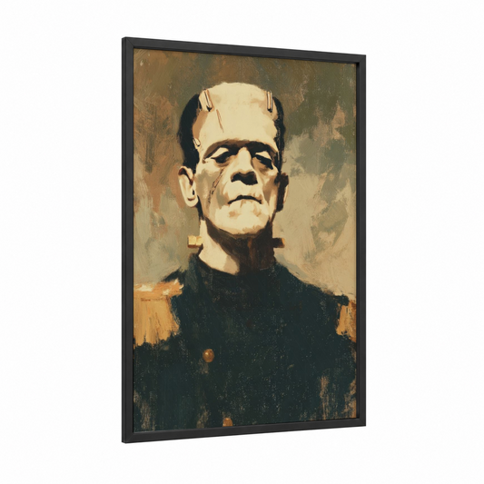 Frankenstein Portrait framed halloween print — black wood frame — brown and cream palette