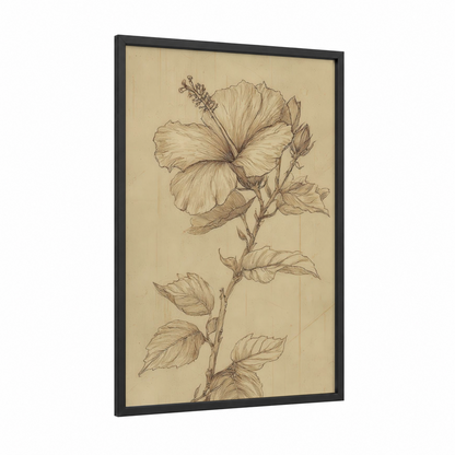 Botanical Hibiscus framed art print — black wood frame — cream and black palette
