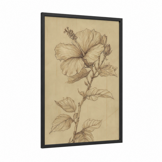 Botanical Hibiscus framed art print — black wood frame — cream and black palette