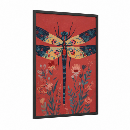 Vermillion Dragonfly framed art print — black wood frame — red and gold palette