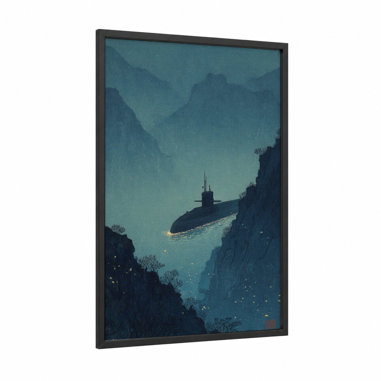 Submarine Canyon framed art print — black wood frame — teal and dark blue palette