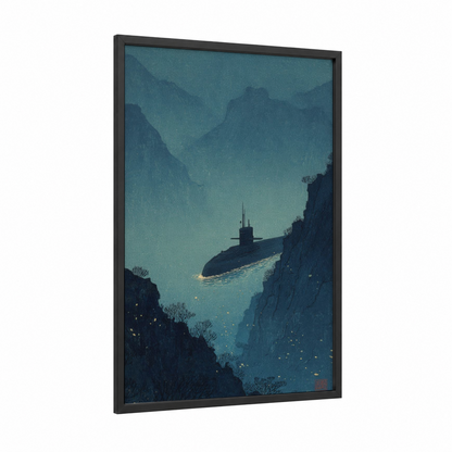 Submarine Canyon framed art print — black wood frame — teal and dark blue palette