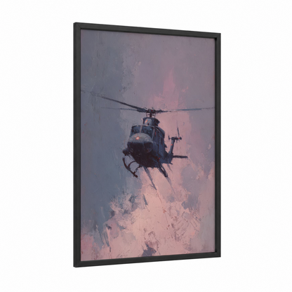 Misty Helicopter framed art print — black wood frame — gray and salmon pink palette