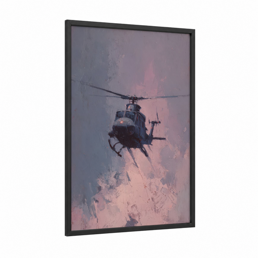 Misty Helicopter framed art print — black wood frame — gray and salmon pink palette