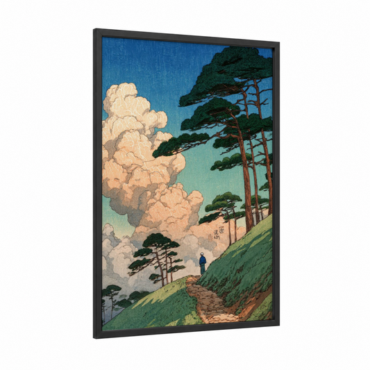 Alpine Pine Path framed pine forest print — black wood frame — blue and green palette
