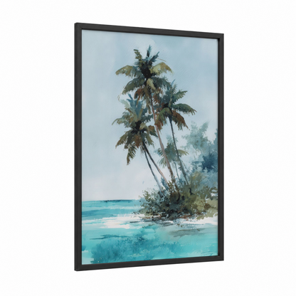 Tropical Beach Palm framed tropical trees print — black wood frame — turquoise and light green palette